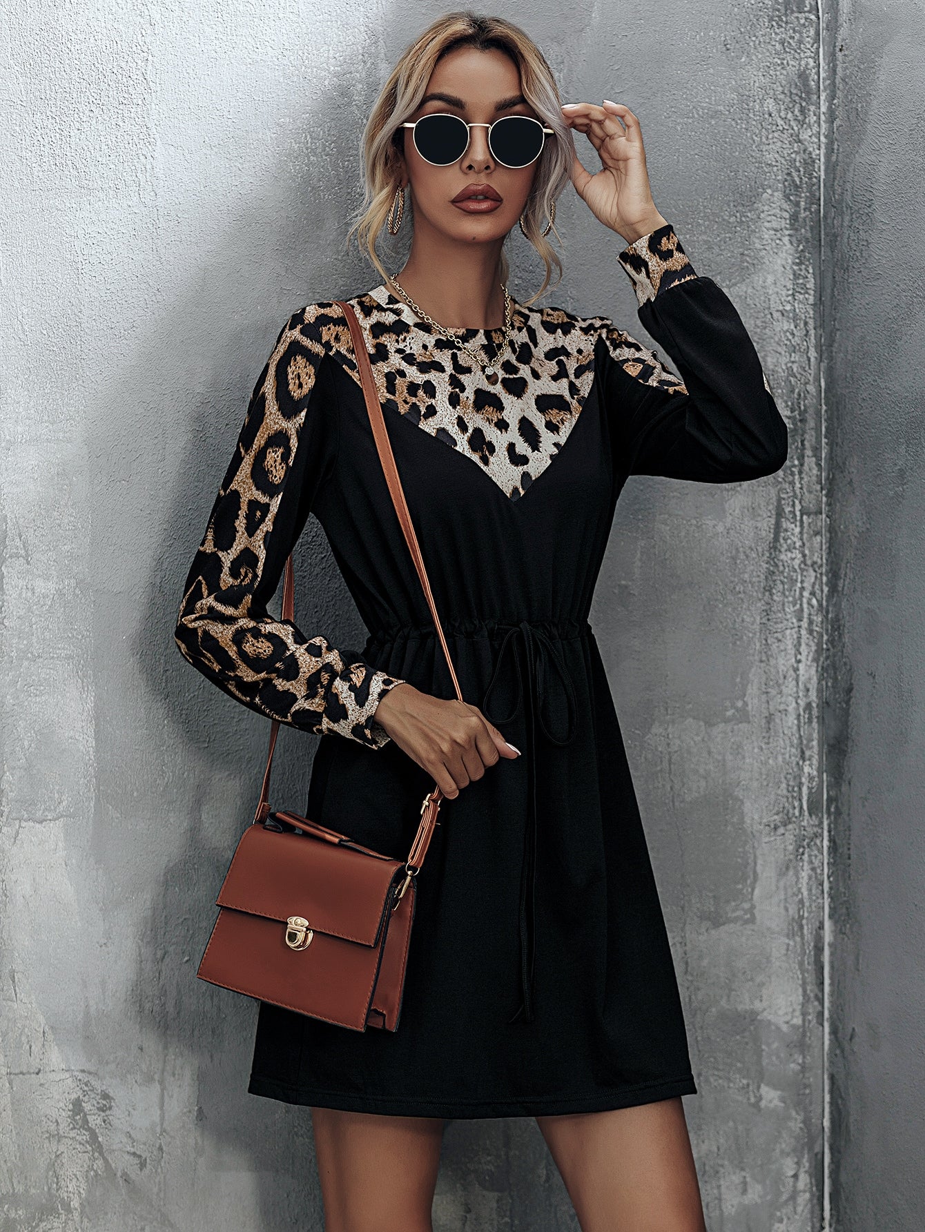 Contrast Leopard Panel Drawstring Waist Dress