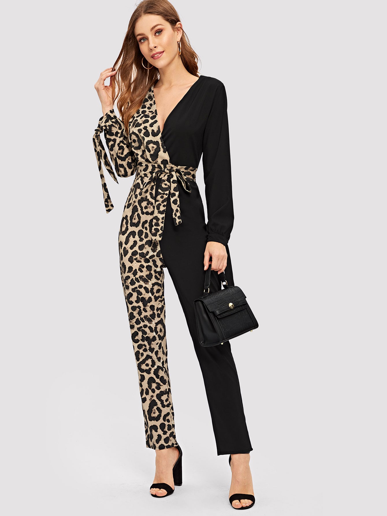 Contrast Leopard Print Belted Jumpsuit