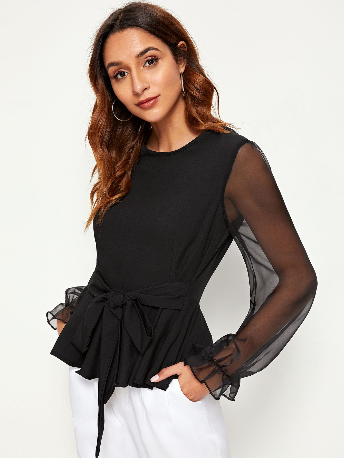 Contrast Mesh Sheer Sleeve Tie Front Blouse