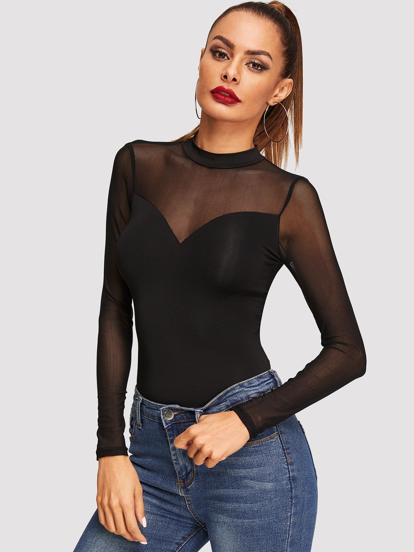 Contrast Mesh Sheer Slim Fitted Tee