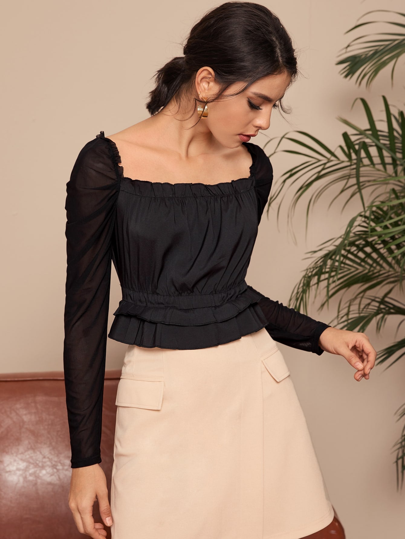 Contrast Mesh Sleeve Layered Ruffle Milkmaid Blouse