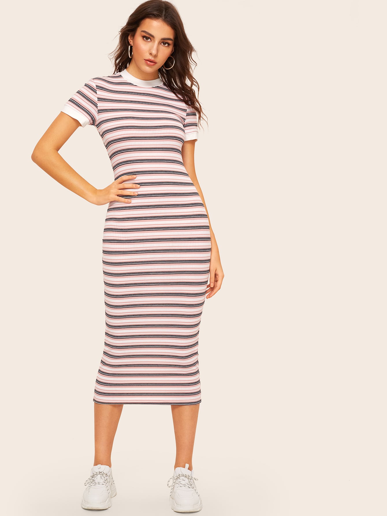 Contrast Neck and Cuff Striped Pencil Dress