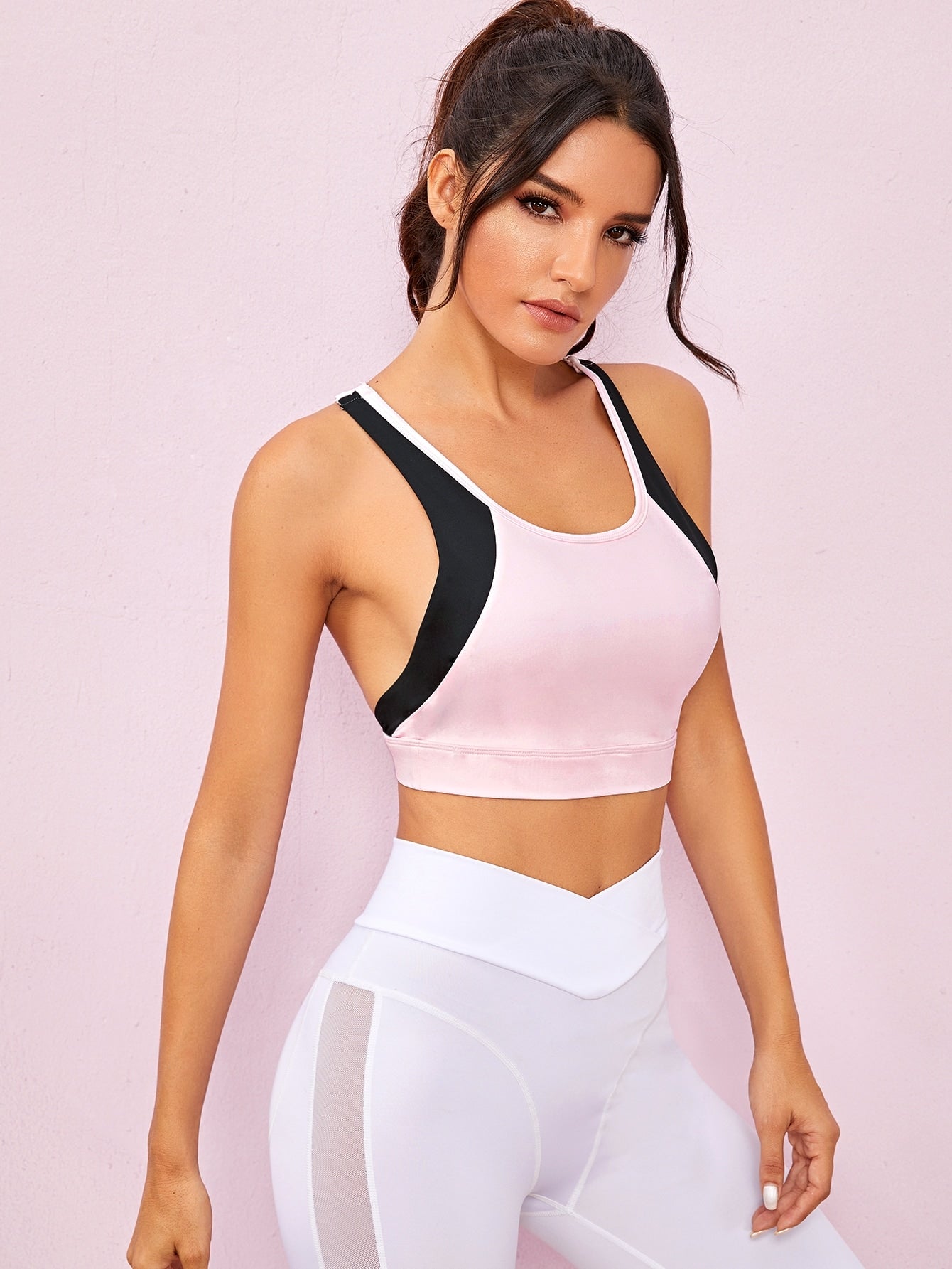 Contrast Panel Criss Cross Back Sports Bra