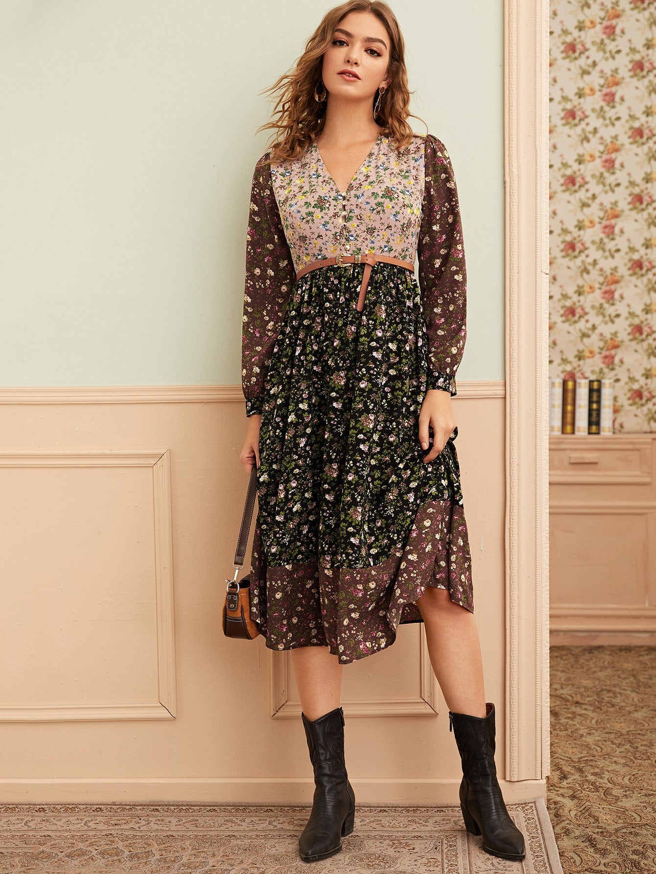 Contrast Panel Floral Print Dress Without Belt