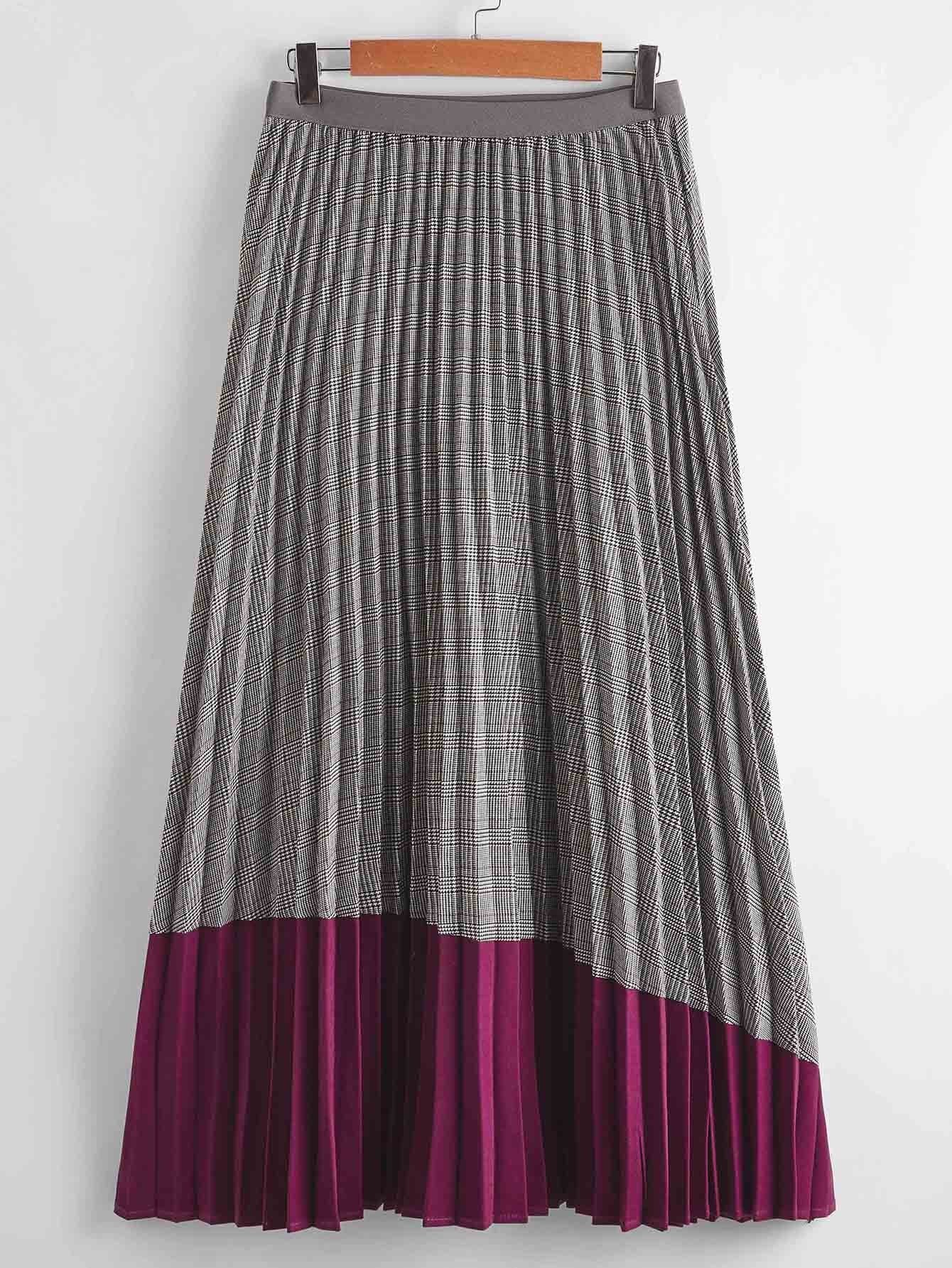 Contrast Panel Plaid Pleated Skirt