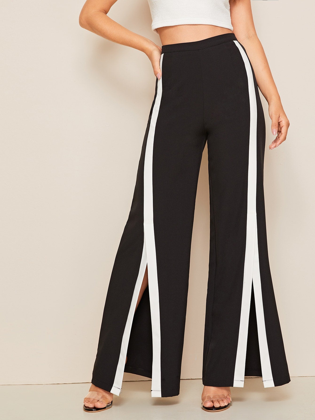 Contrast Panel Slit Hem Wide Leg Pants