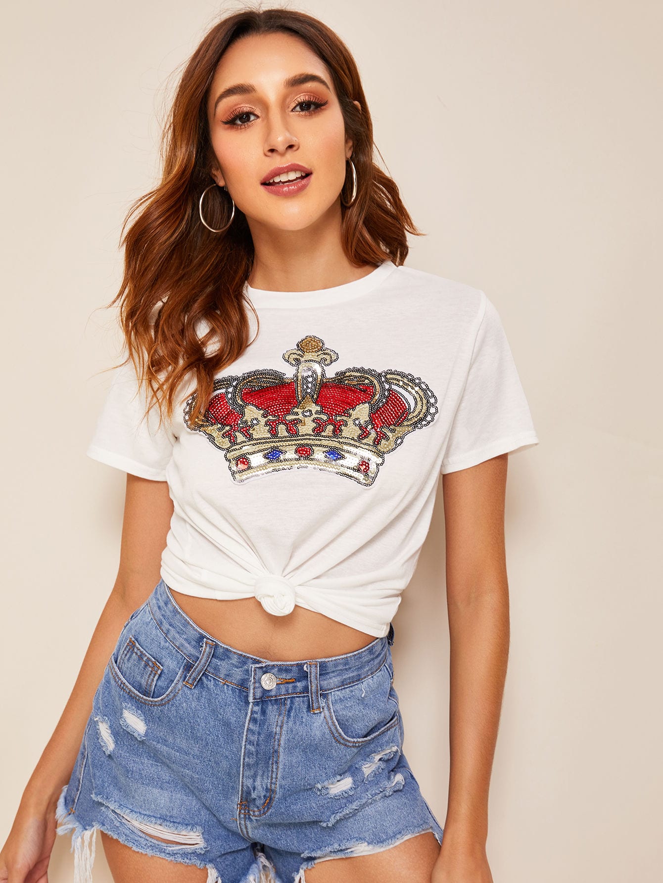 Contrast Sequin Crown Tee