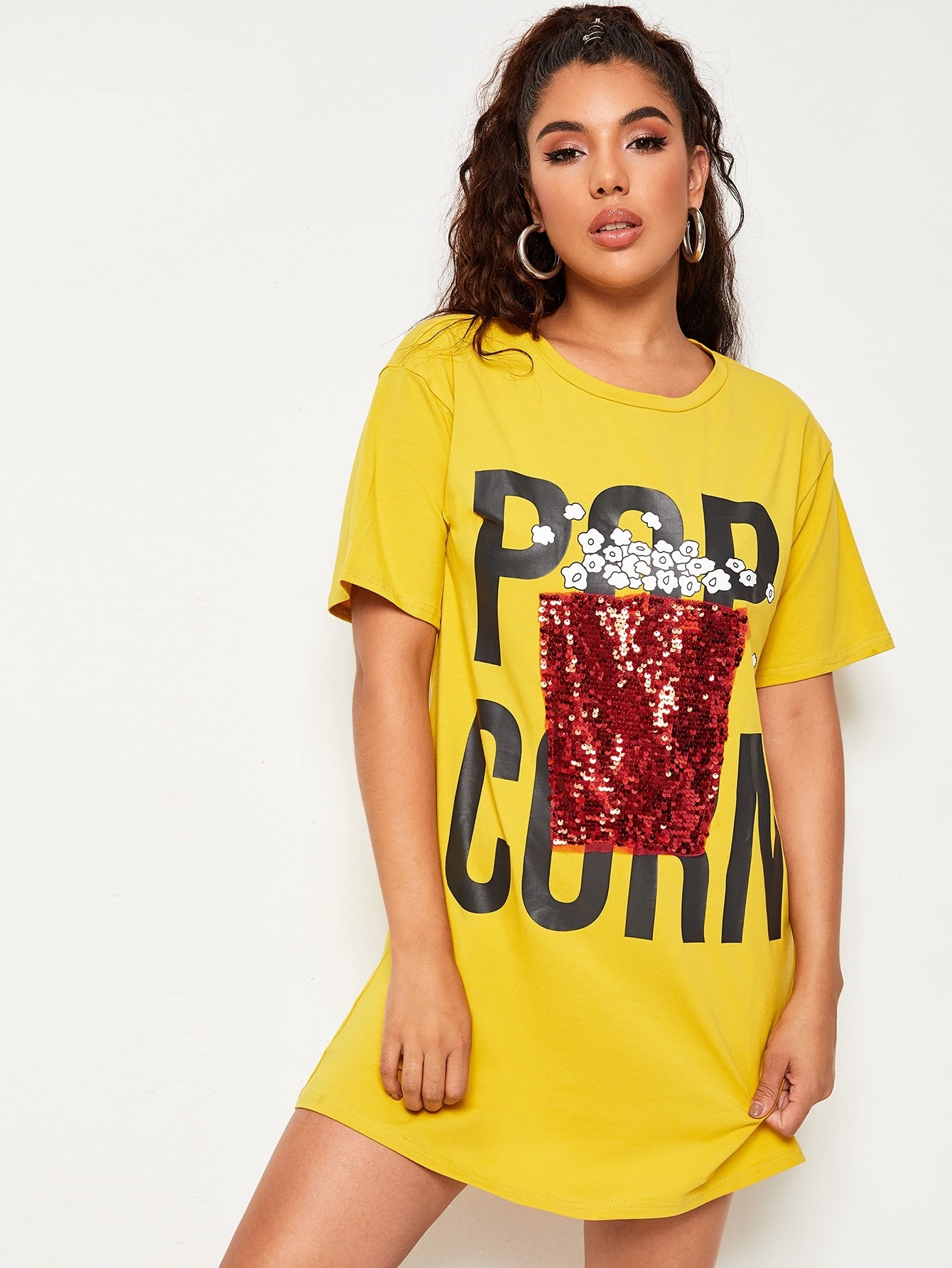 Contrast Sequin Letter Print Tee Dress