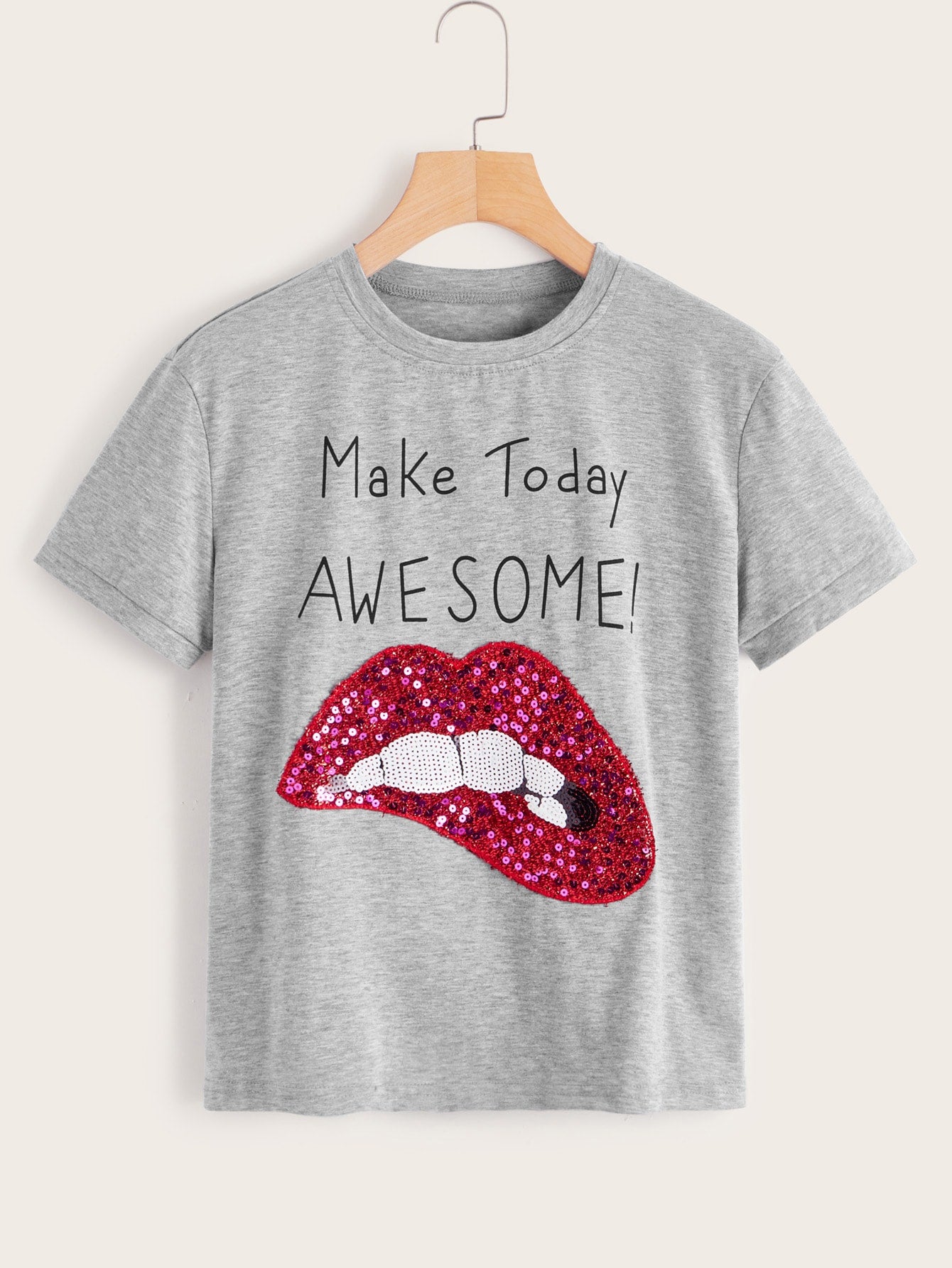 Contrast Sequin Lip Slogan Print Tee