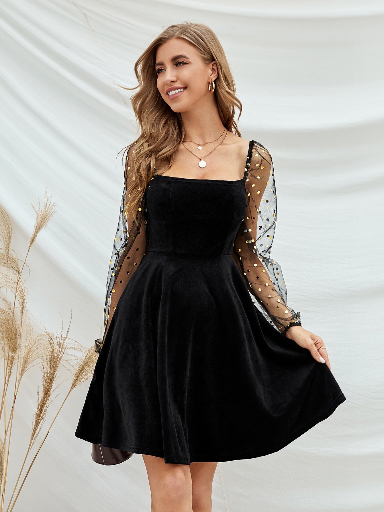 Contrast Sequin Mesh Sleeve Velvet Dress