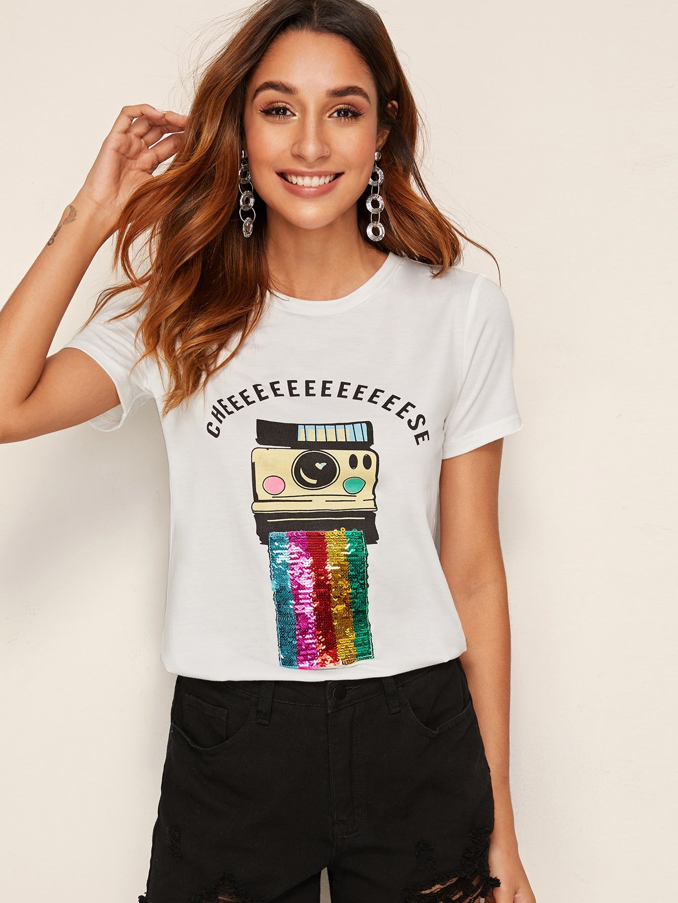 Contrast Sequin Mixed Print Tee