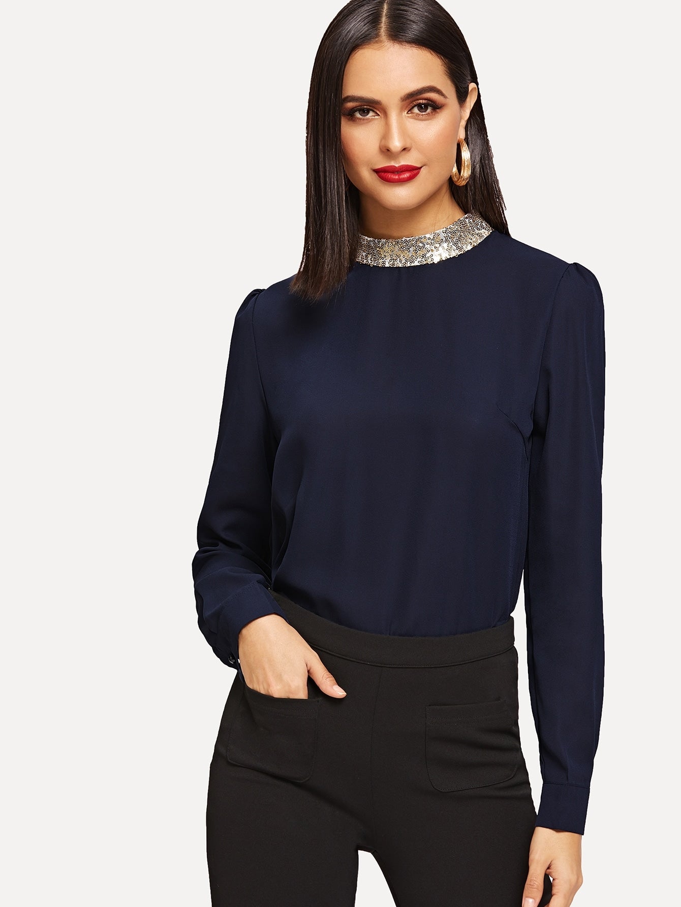 Contrast Sequin Neck Blouse