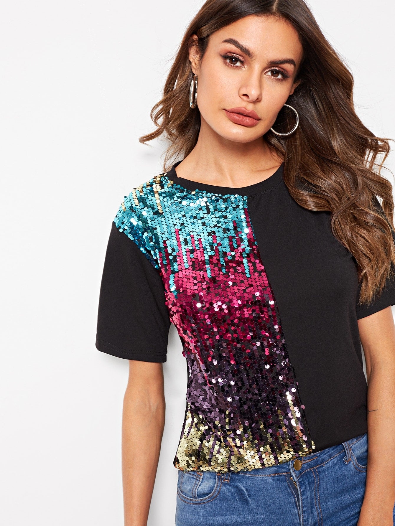 Contrast Sequin Panel Tee