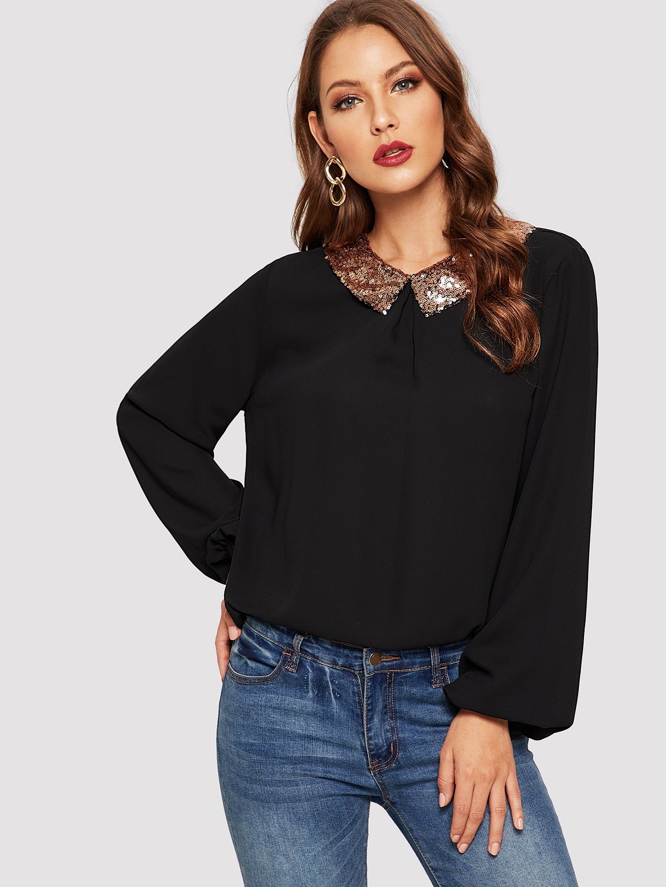 Contrast Sequin Peter Pan Collar Top