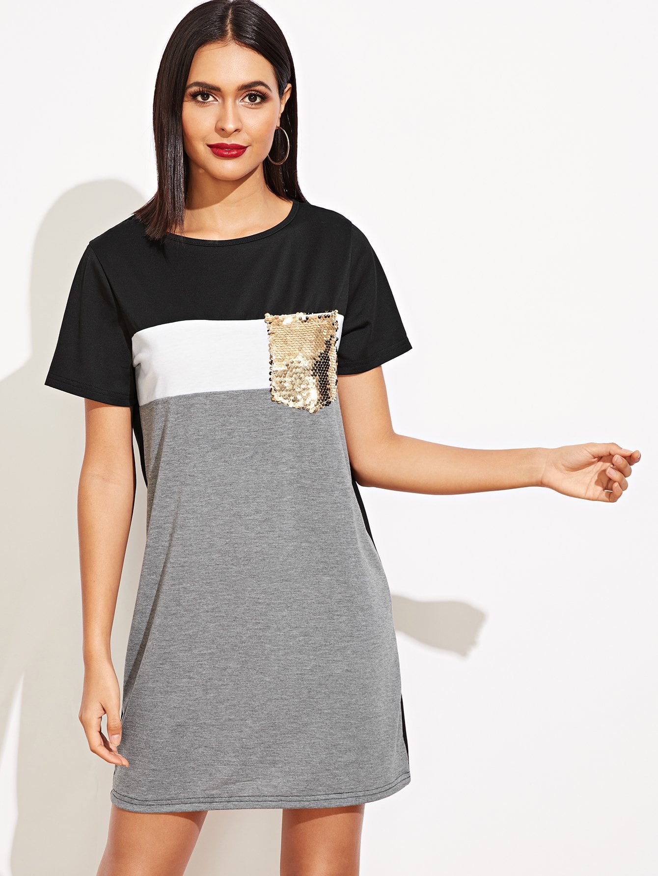 Contrast Sequin Pocket Colorblock Tee Dress