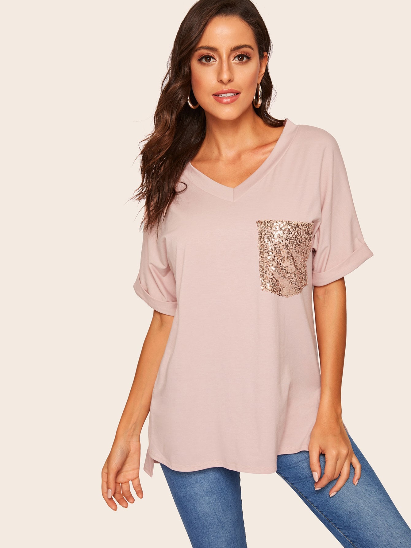 Contrast Sequin Pocket High Low Tee