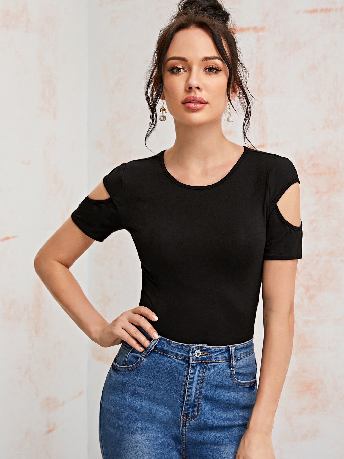 Cut Out Sleeve Solid Top