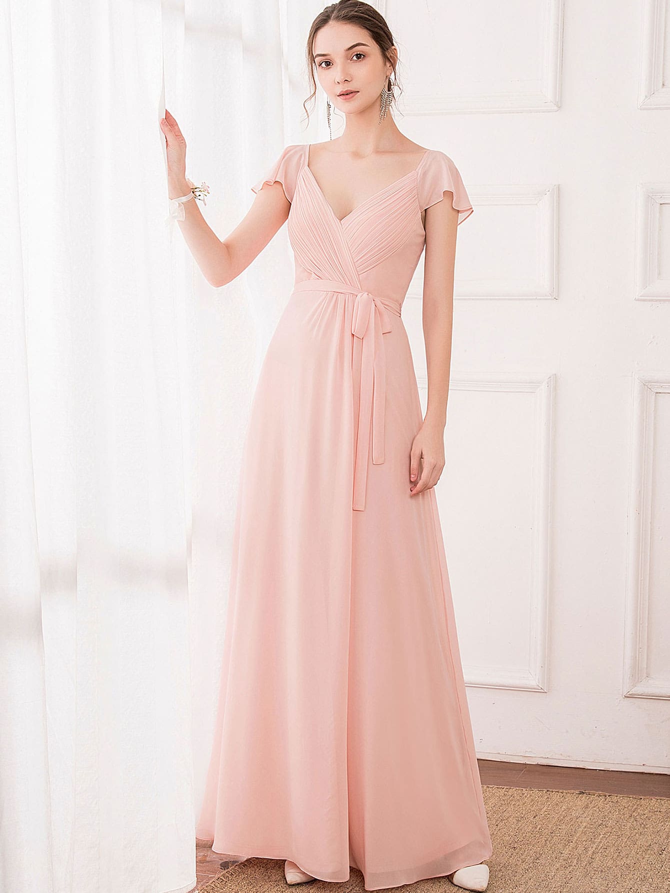 Flutter Sleeve Belted Formal Dress