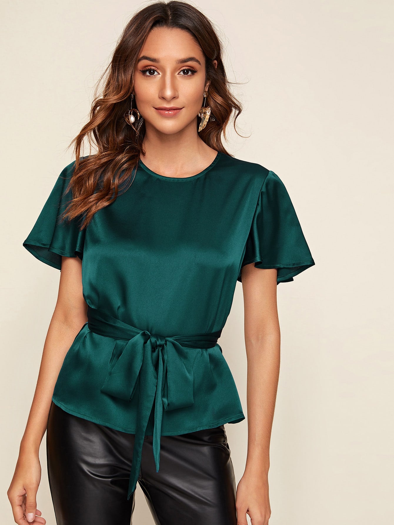 Flutter Sleeve Belted Satin Top