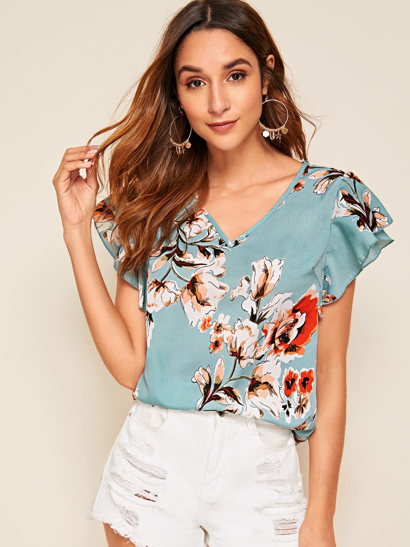 Flutter Sleeve Botanical Print Top