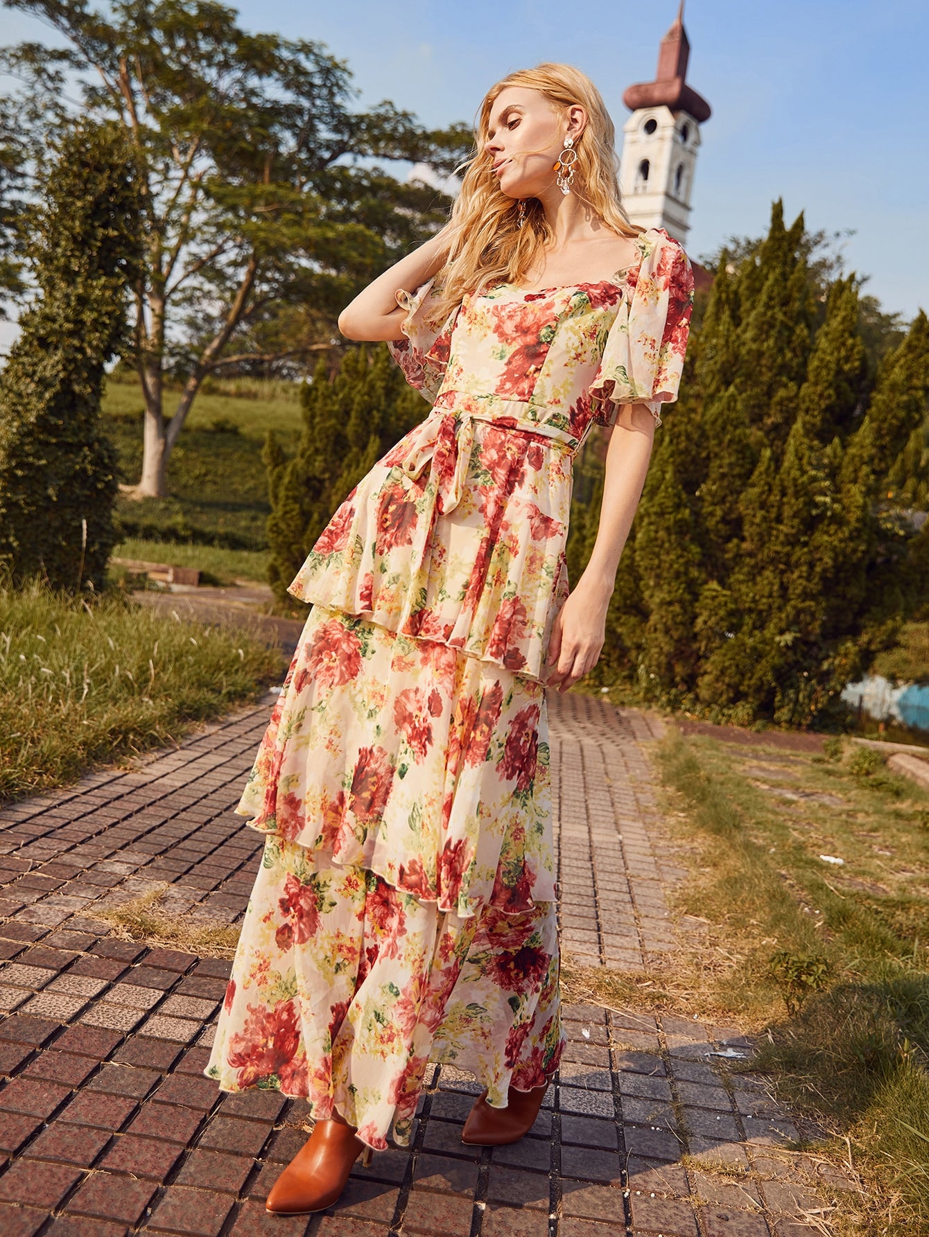 Flutter Sleeve Layered Hem Belted Floral Dress