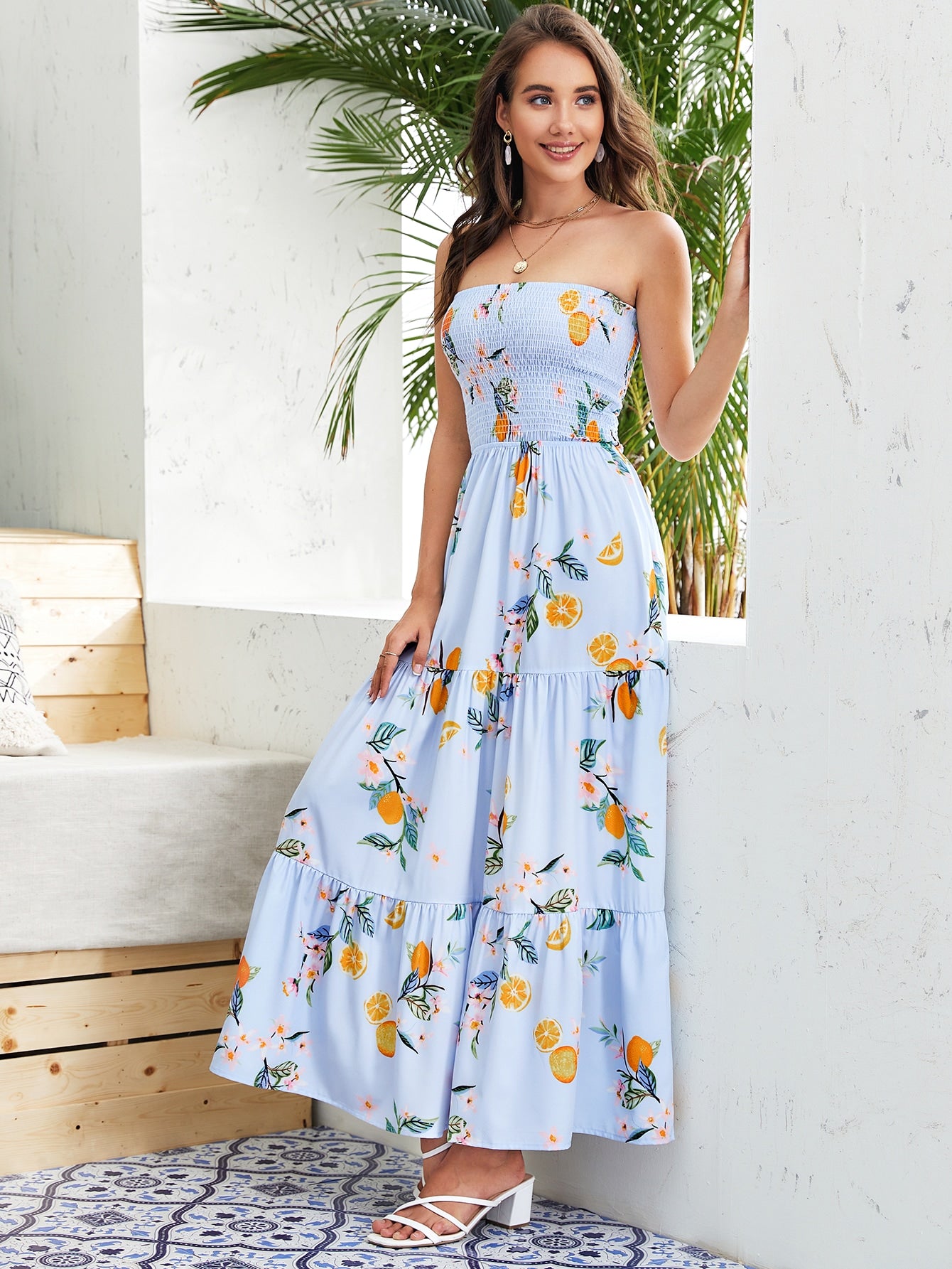 Fruit And Floral Print Shirred Tube Dress
