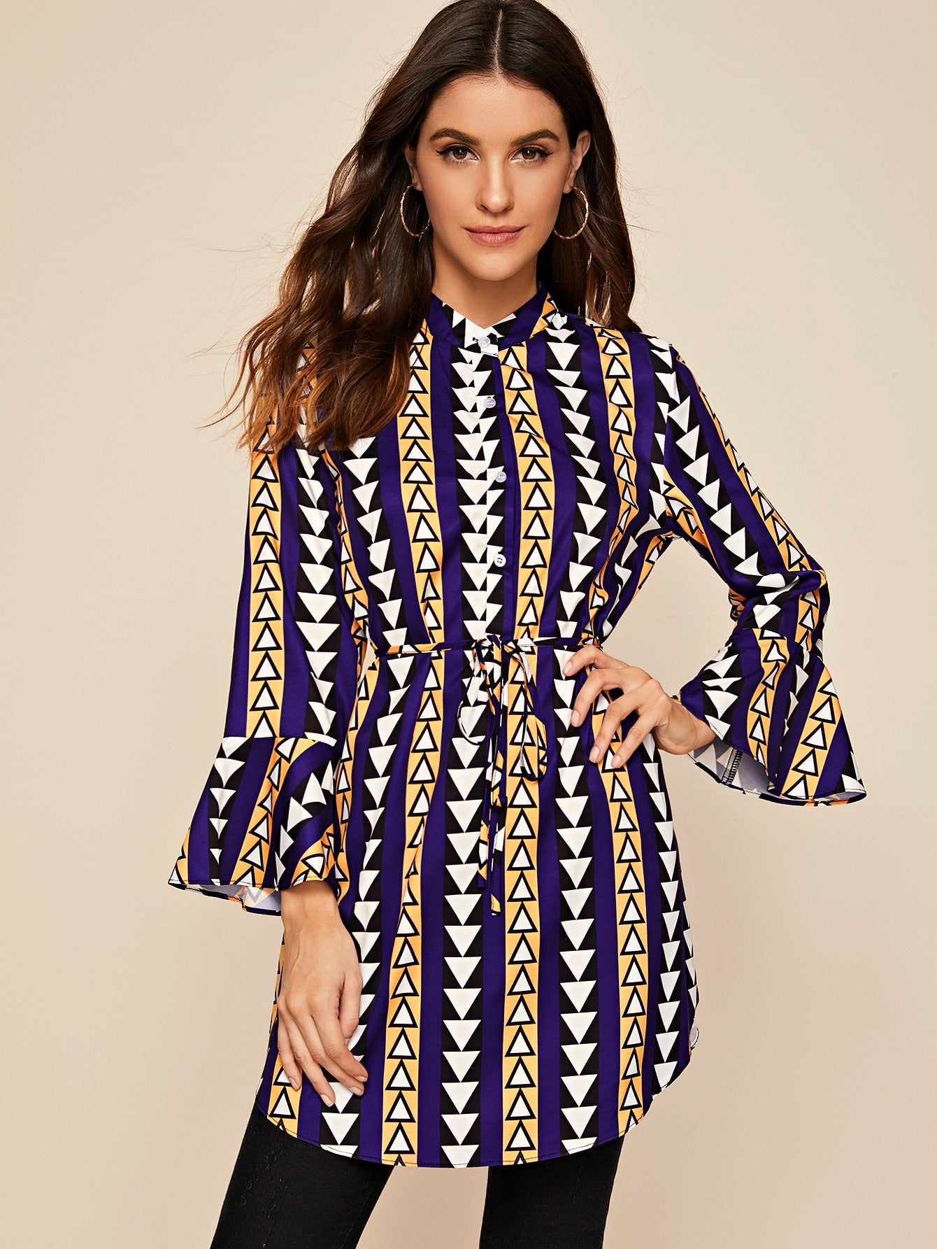 Geo Print Self Tie Longline Blouse