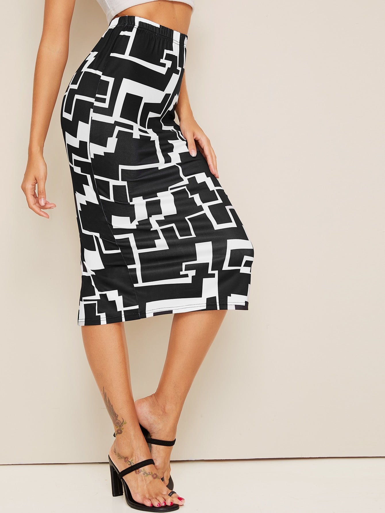 Geo Print Split Elastic Waist Skirt