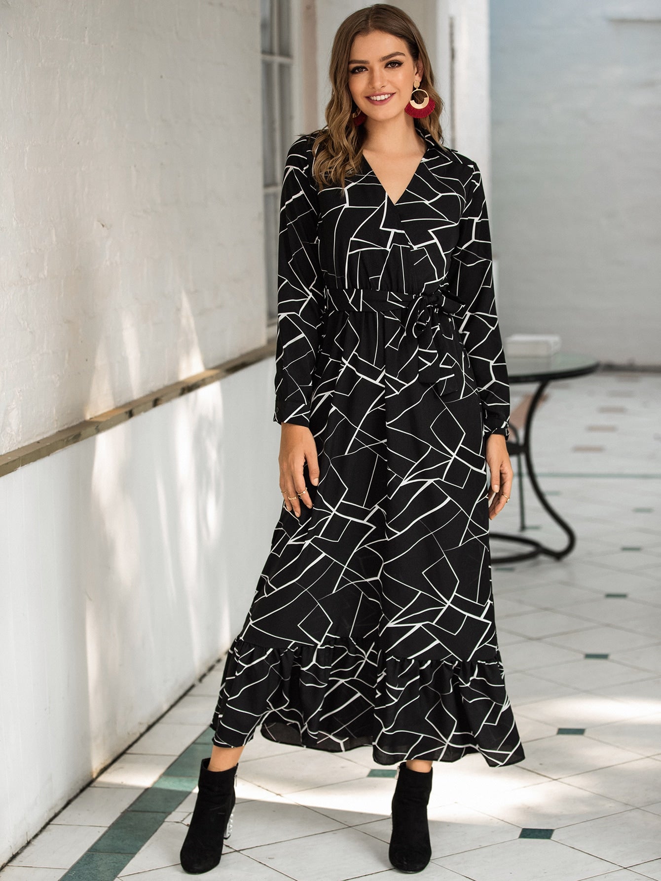 Geo Print Surplice Front Belted Dress