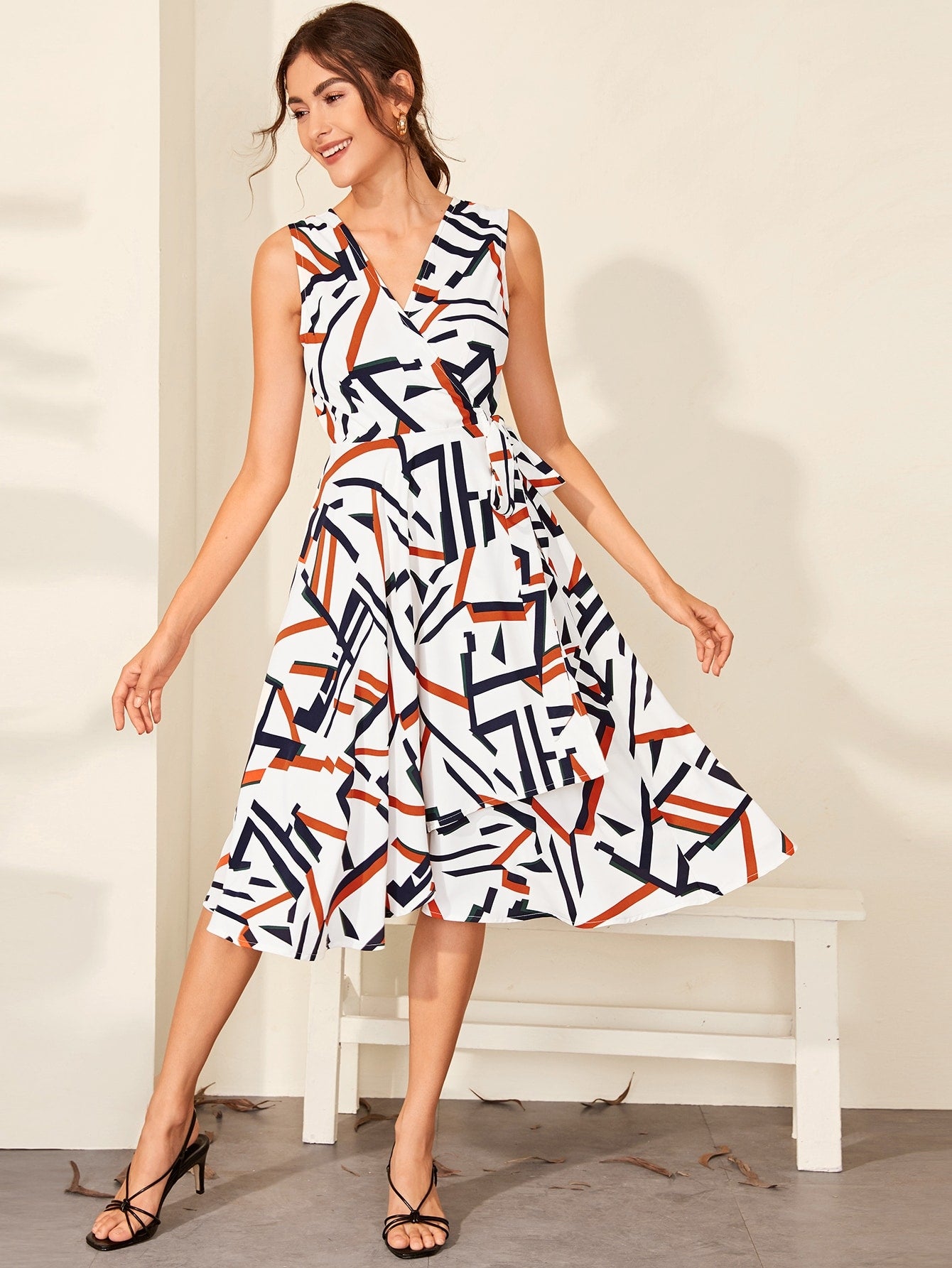 Geo Print Tie Side Wrap Midi Dress