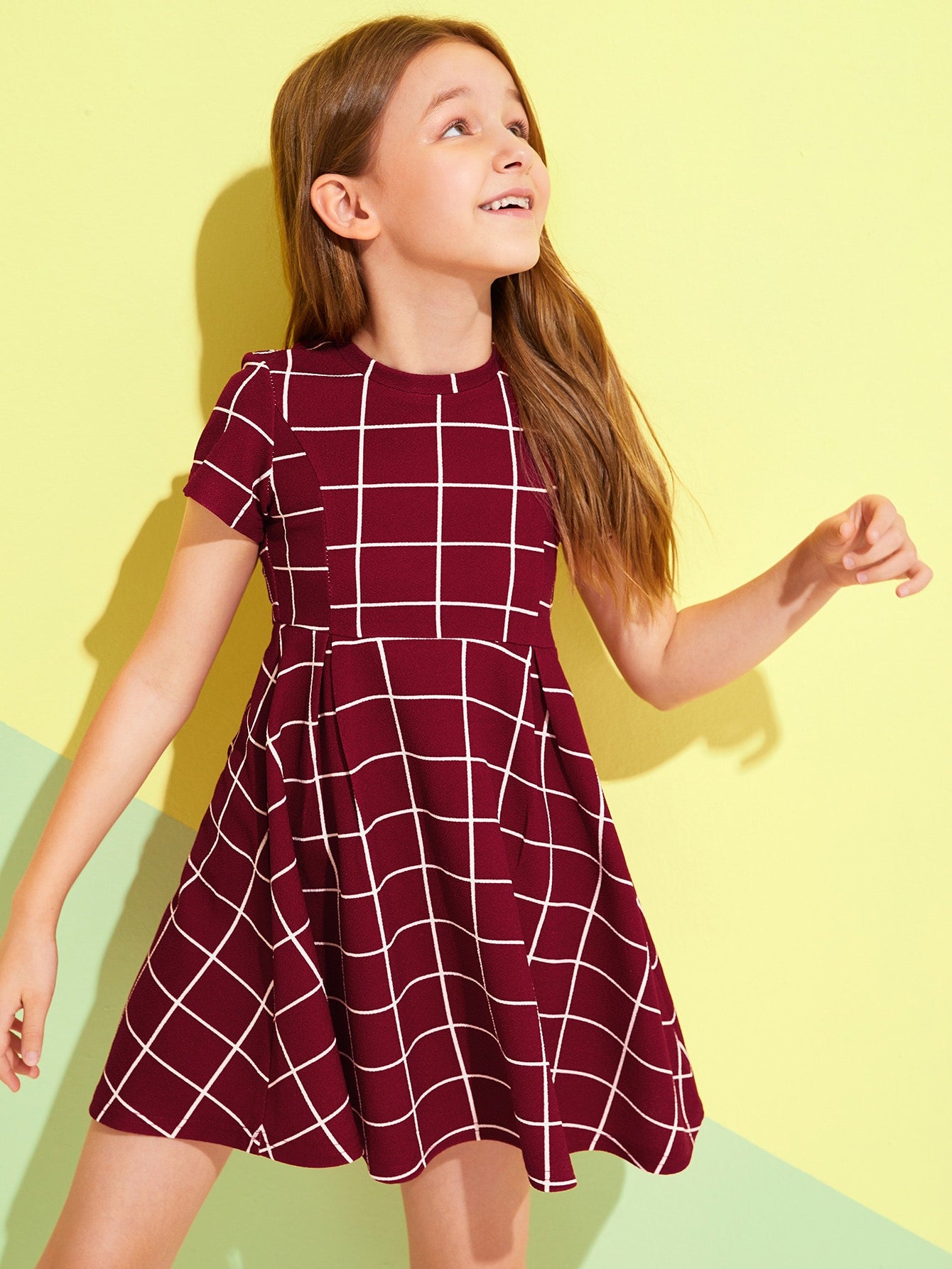 Girls Grid Print Pleated Textured Dress