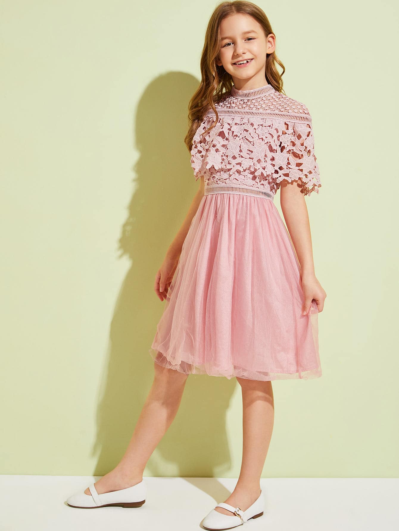 Girls Guipure Lace Cape Overlay Mesh Hem Dress