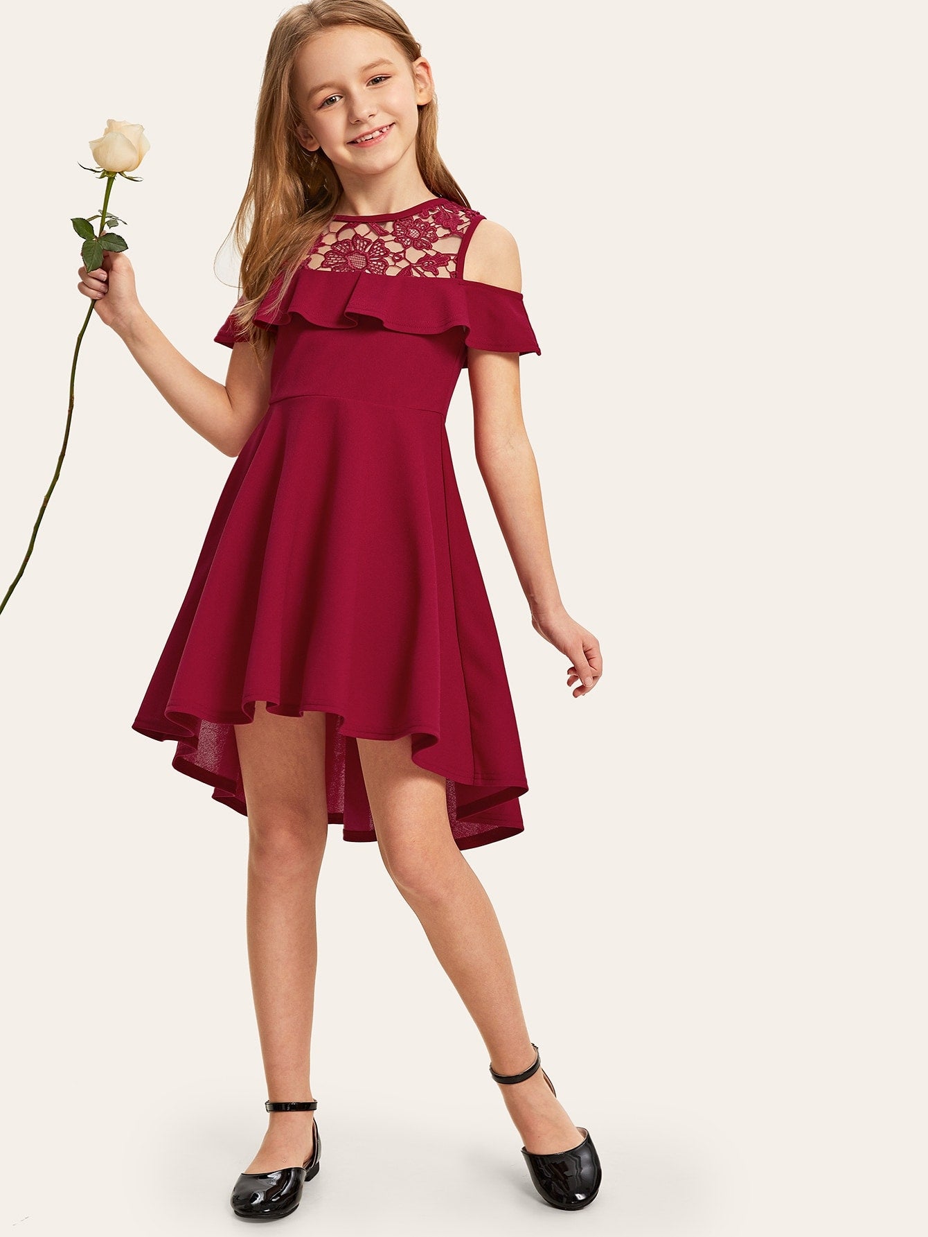 Girls Guipure Lace Cold Shoulder Ruffle Trim Dress