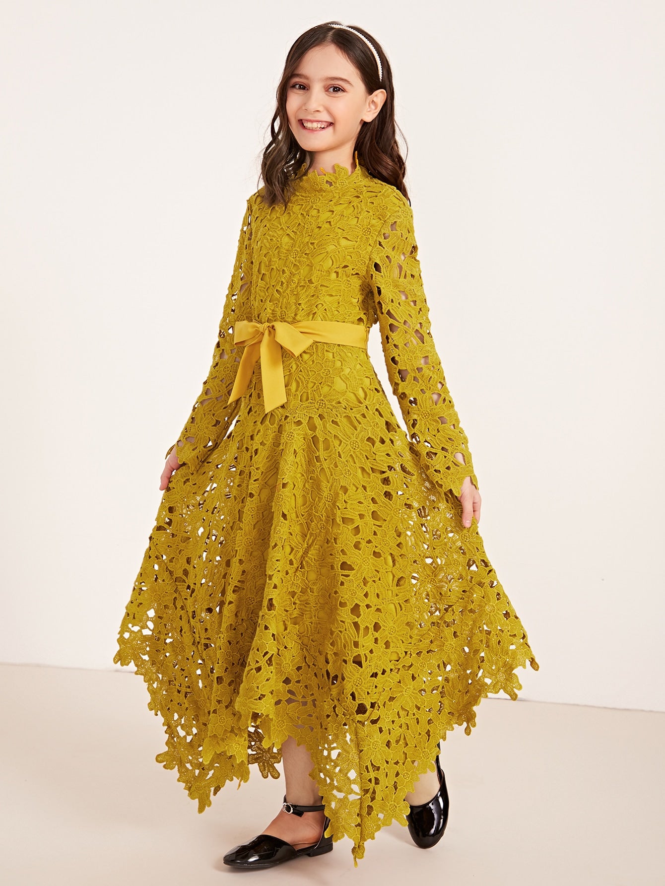 Girls Guipure Lace Hanky Hem Belted Dress