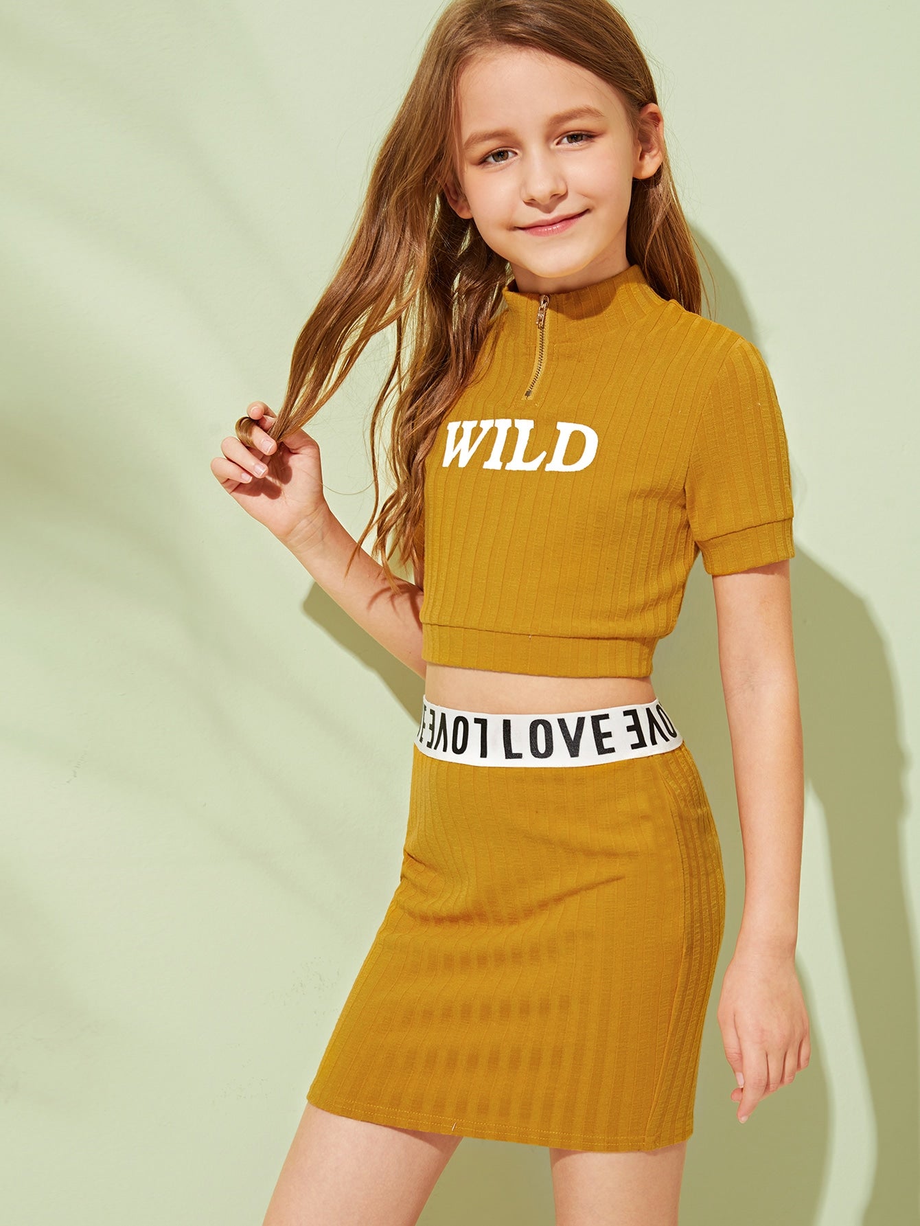 Girls Half Zip Placket Rib-knit Letter Top & Skirt Set