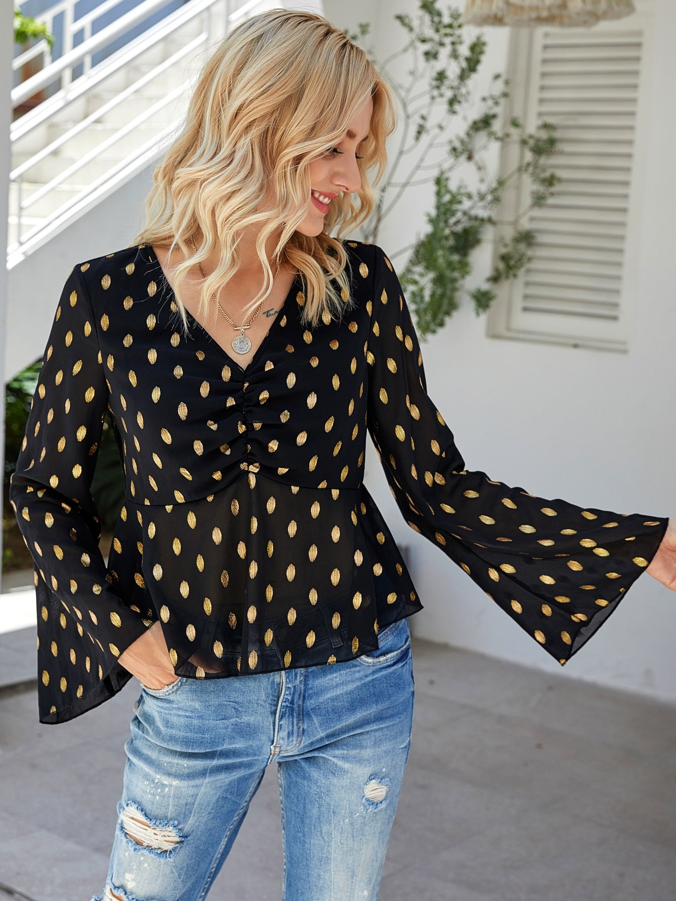 Gold Print Ruched Blouse
