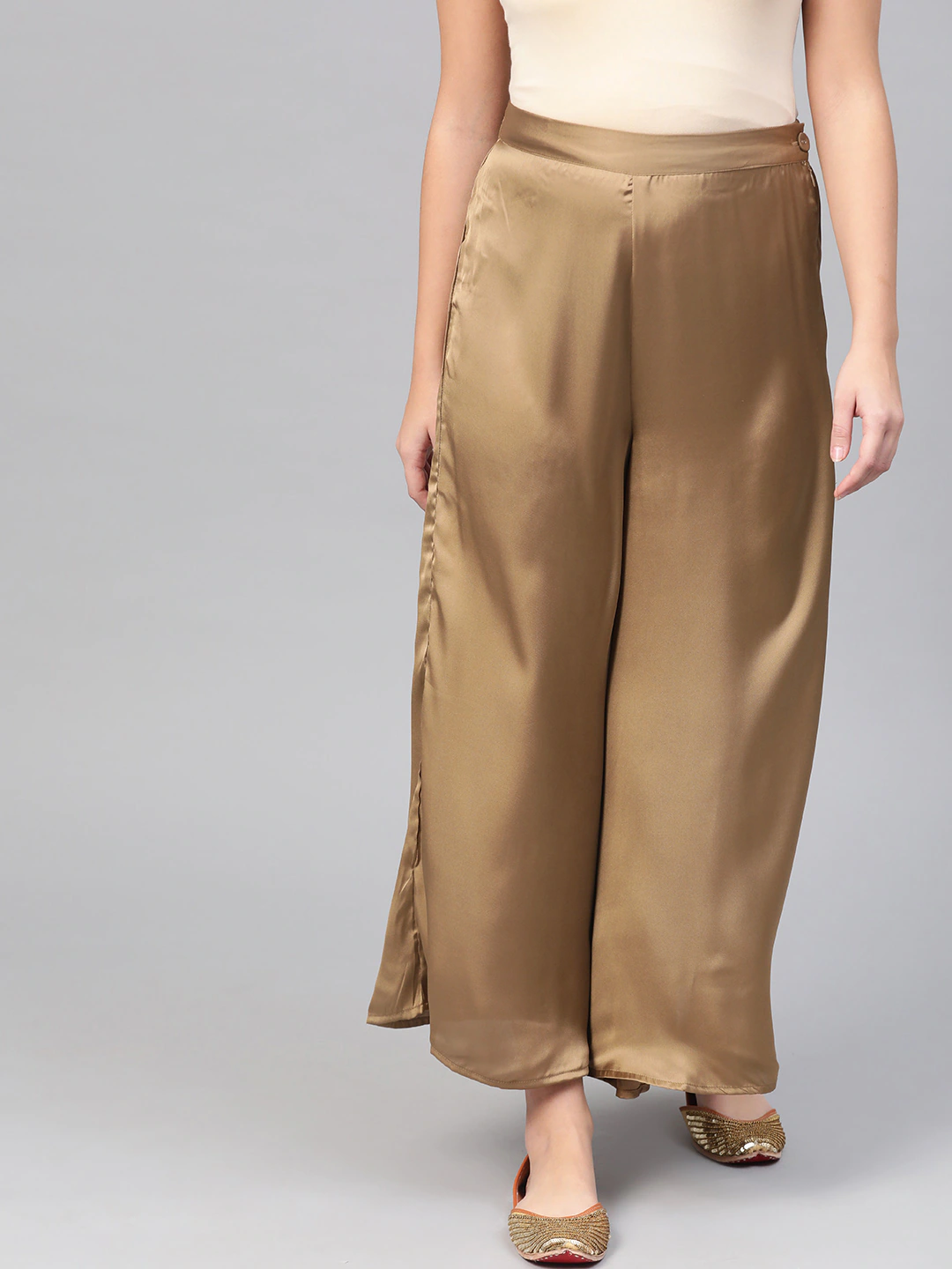 Golden Solid Wide Leg Palazzos