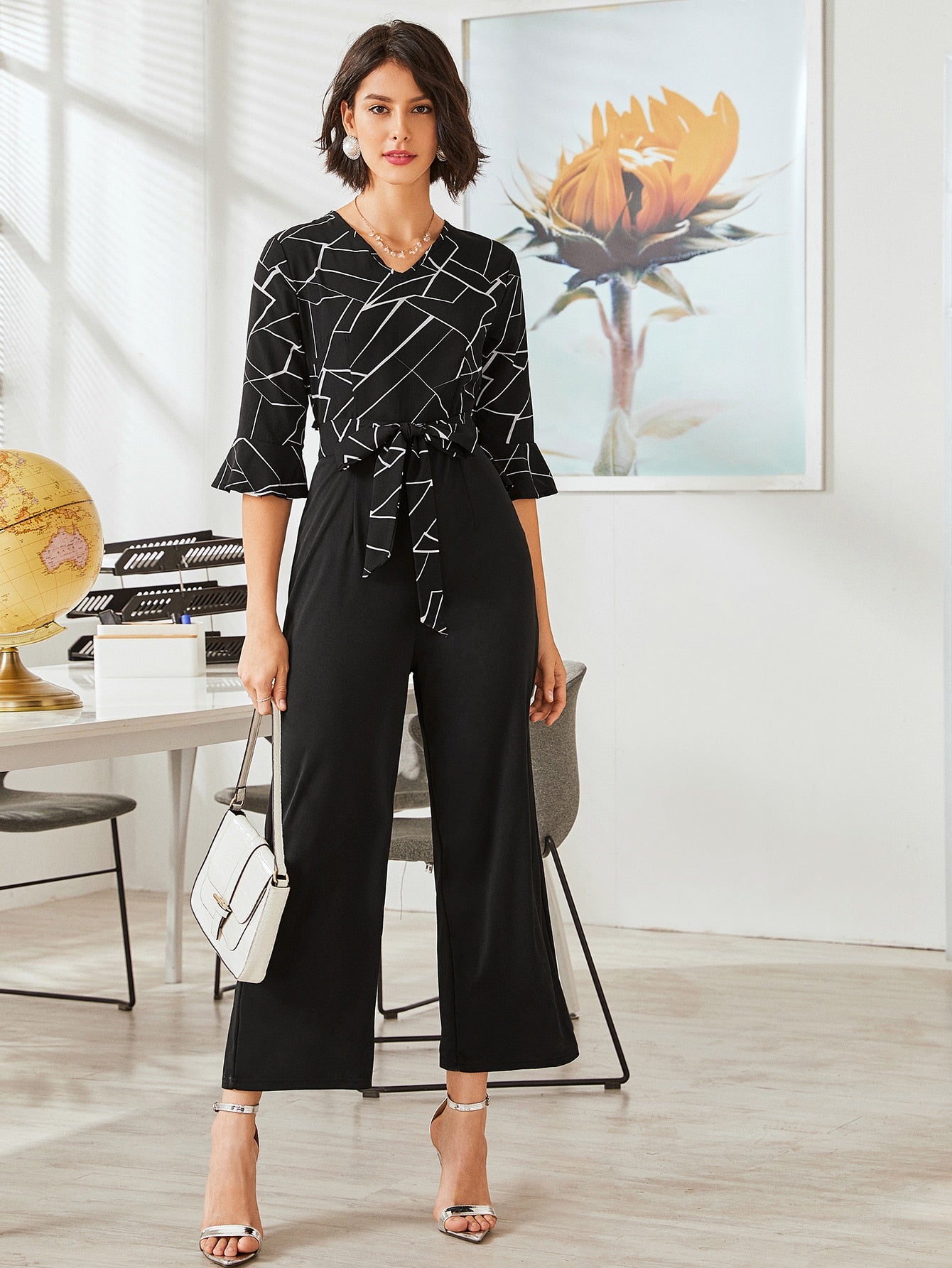 Graphic Print Belted Wide Leg Jumpsuit