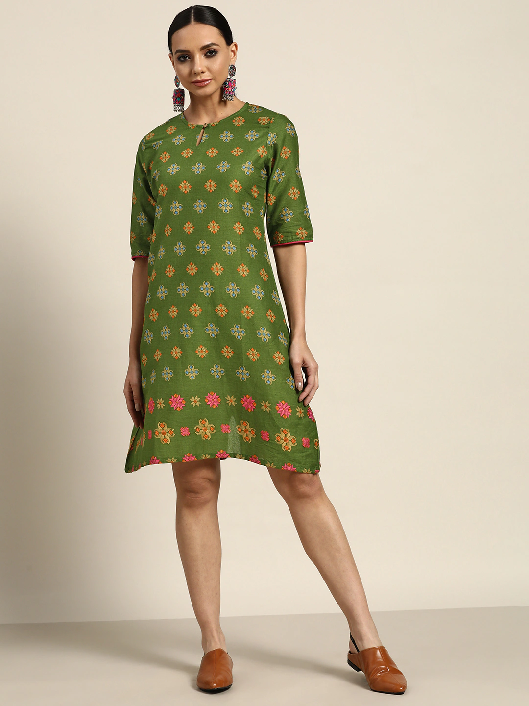 Green & Beige Pure Cotton Printed Dress