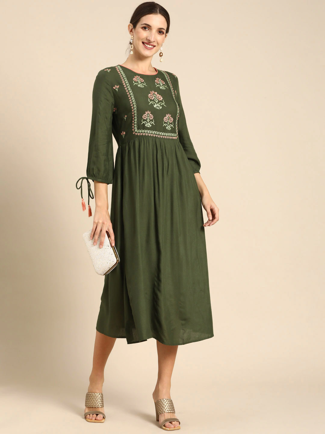 Green Ethnic Embroidered Ethnic Midi Dress