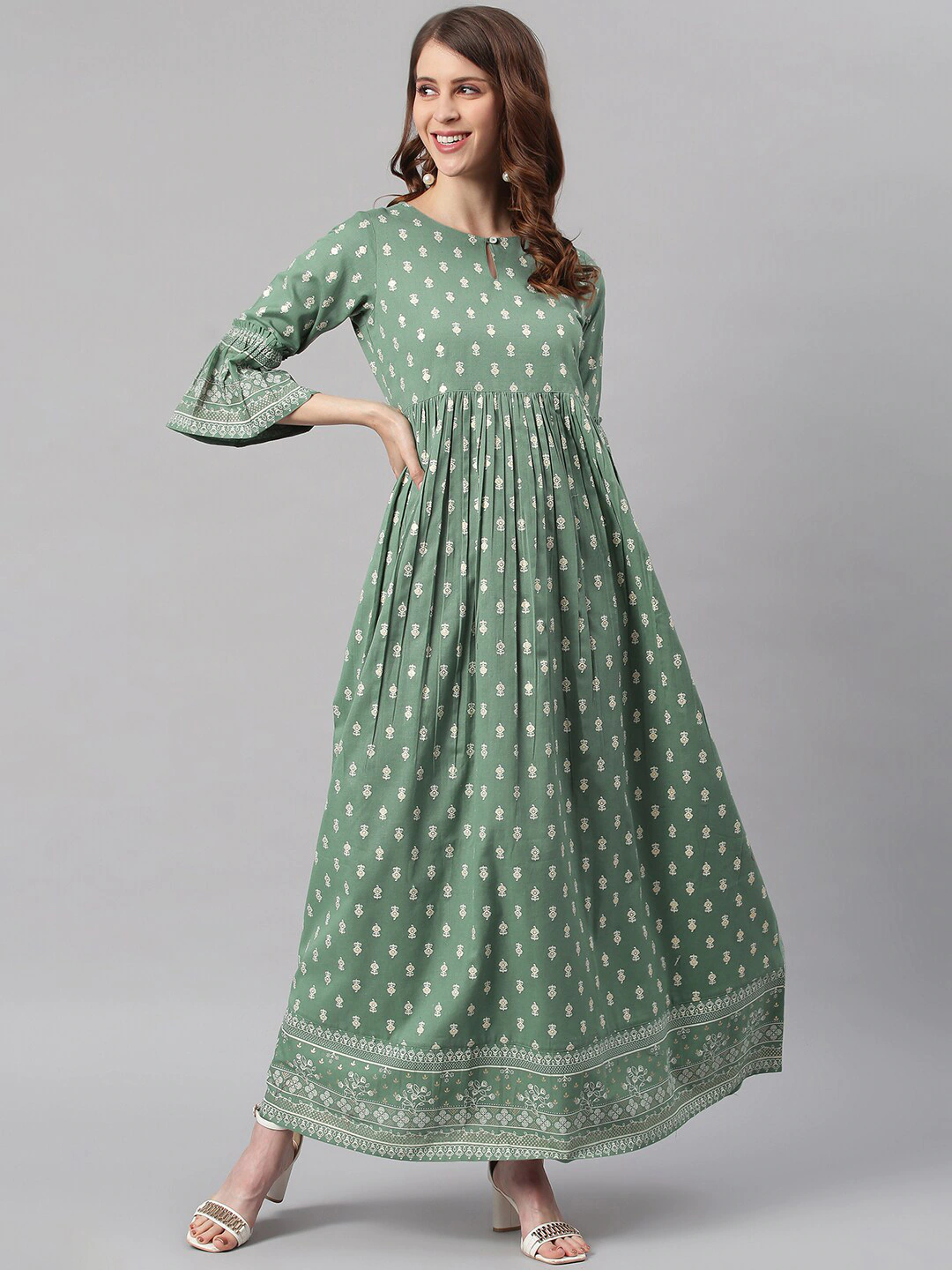 Green Ethnic Motifs Maxi Dress