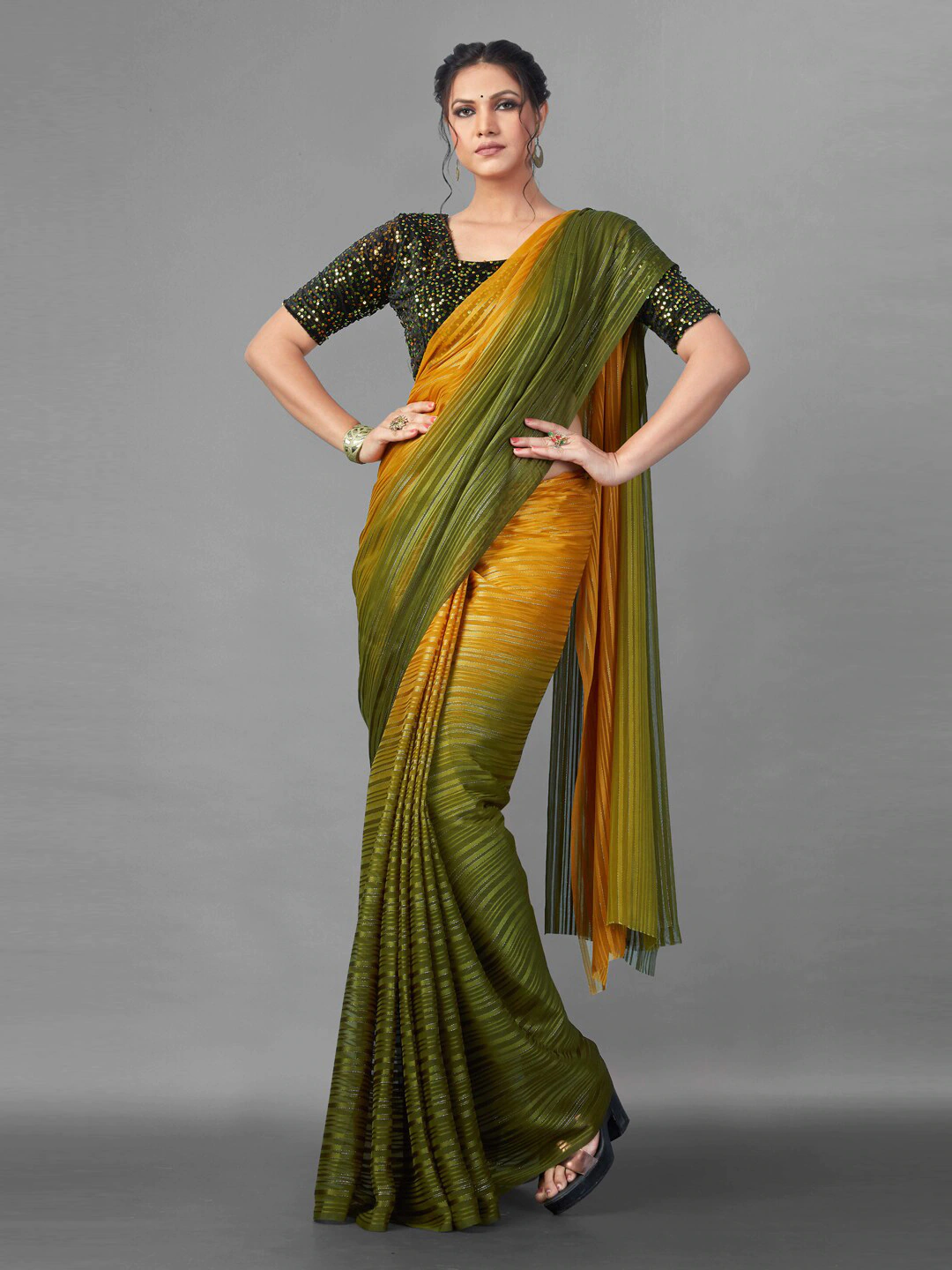 Green & Orange Poly Georgette Saree