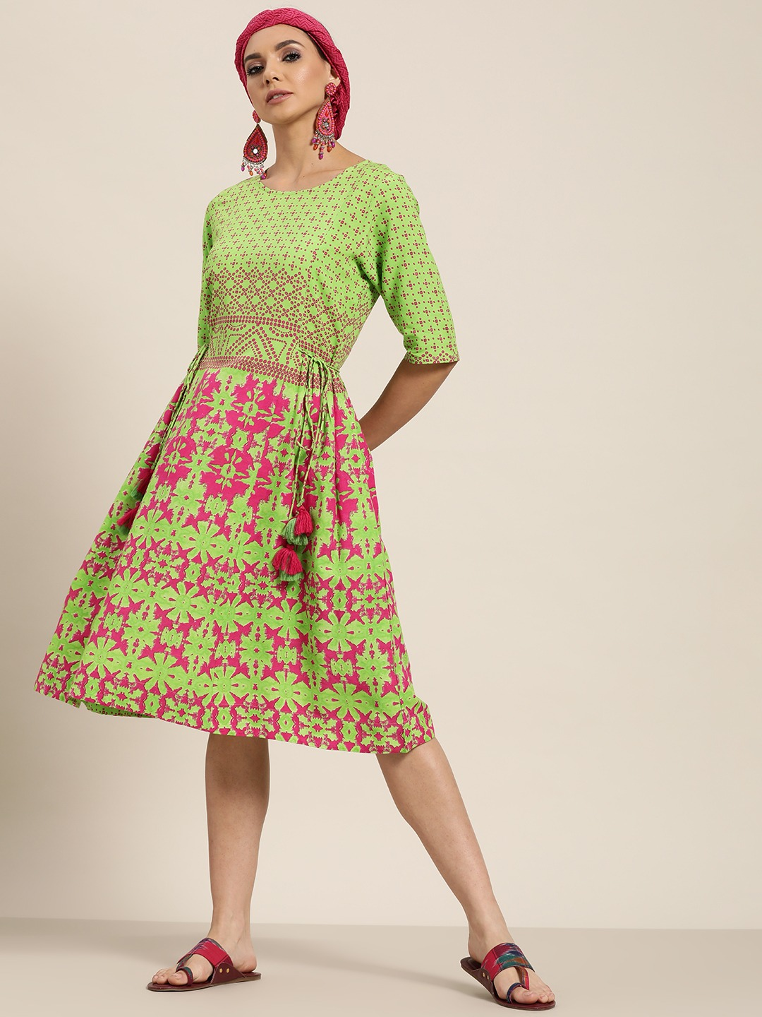 Green & Pink Ethnic A-Line Dress