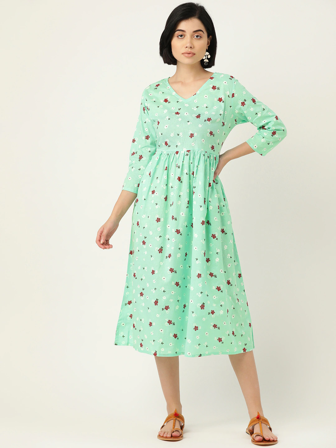 Green & Red Pure Cotton Printed Dress