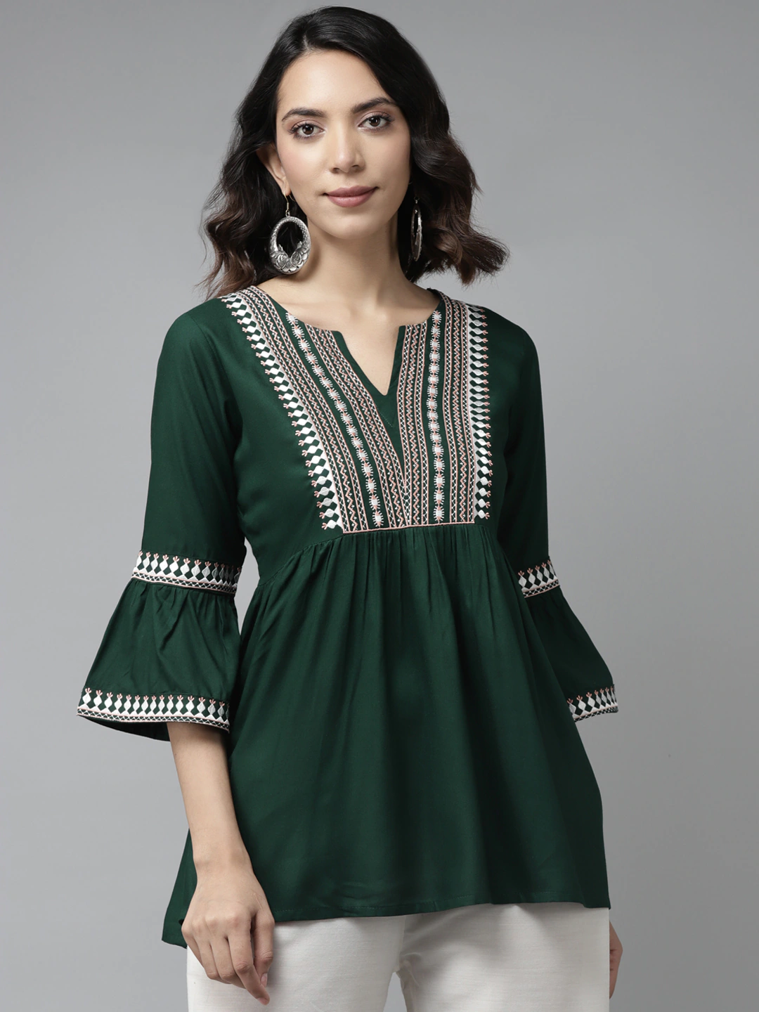 Green & White Yoke Bell Sleeves Kurti