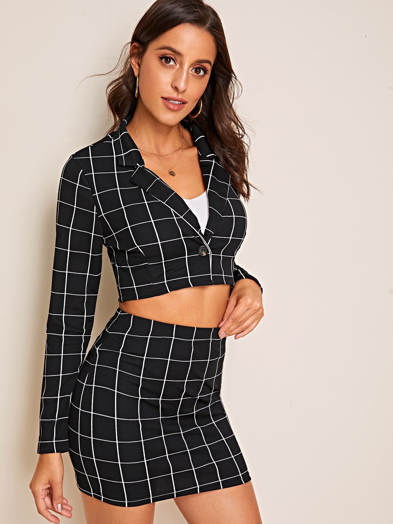 Grid Button Front Crop Blazer Top & Skirt Set