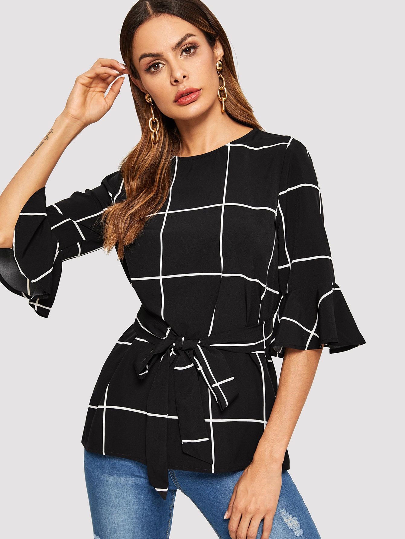 Grid Flounce Sleeve Belted Blouse