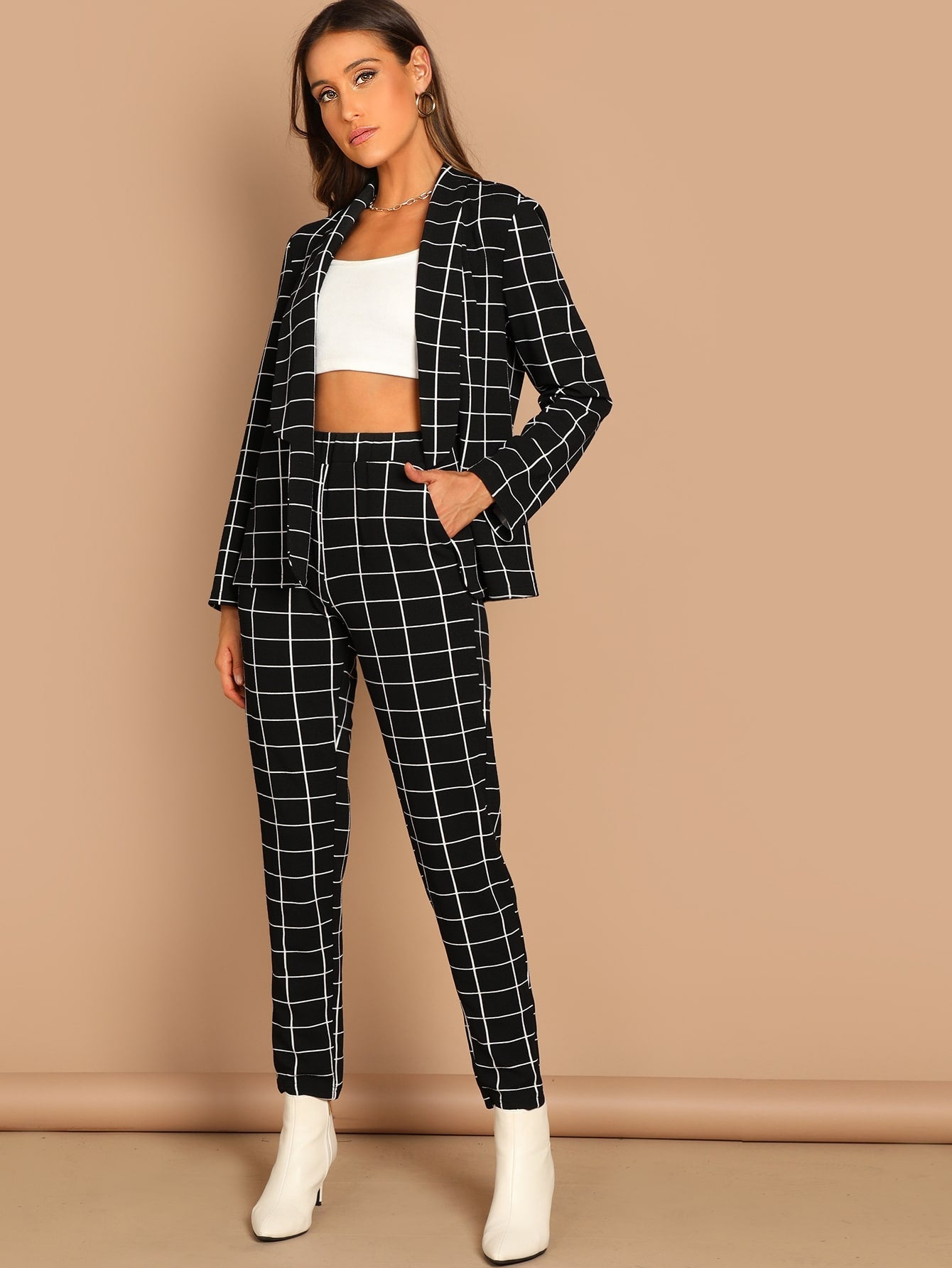 Grid Print Blazer & Pants Set