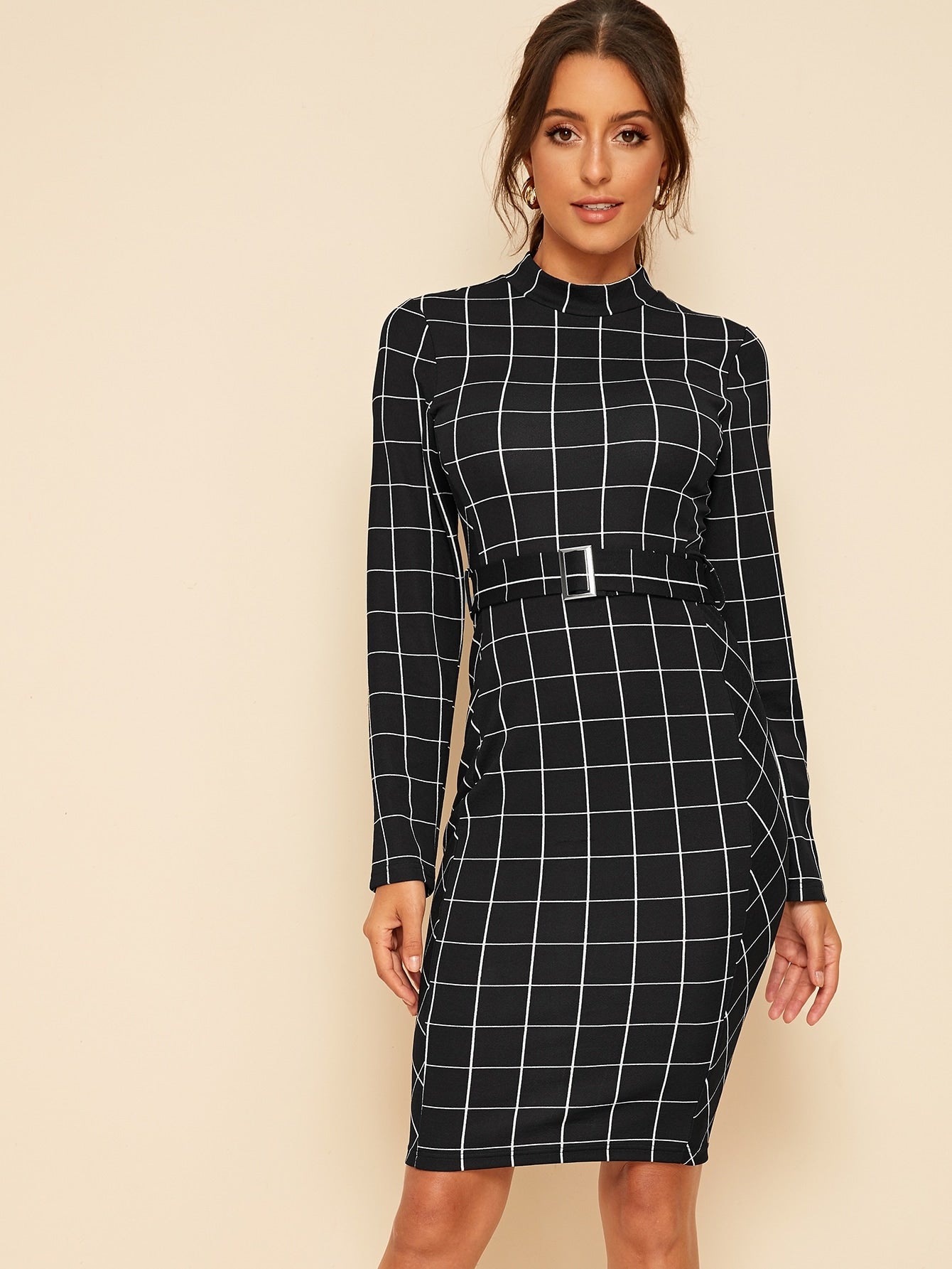 Grid Print Mock-neck Belted Pencil Dress