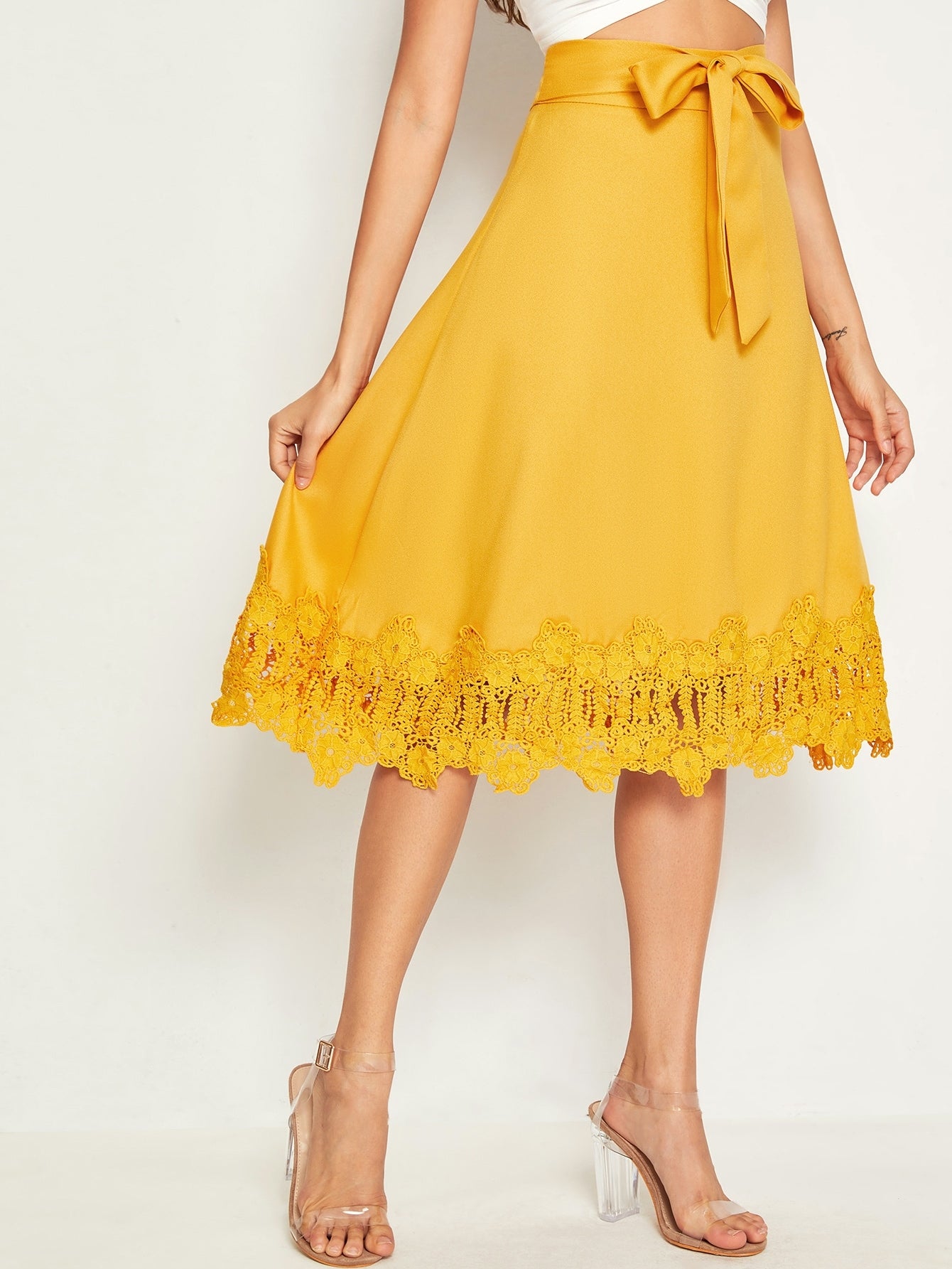 Guipure Lace Hem Belted Midi Skirt